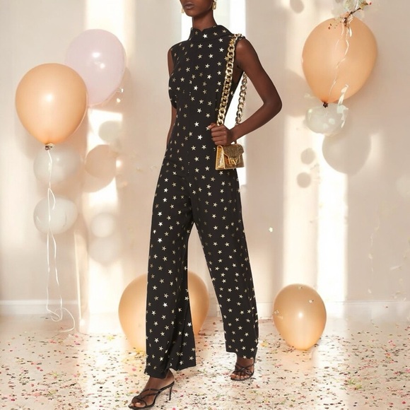 NWT RIXO London ‘Frankie’ Black & Gold Star Print Jumpsuit Size XXS / 2 - Picture 2 of 16